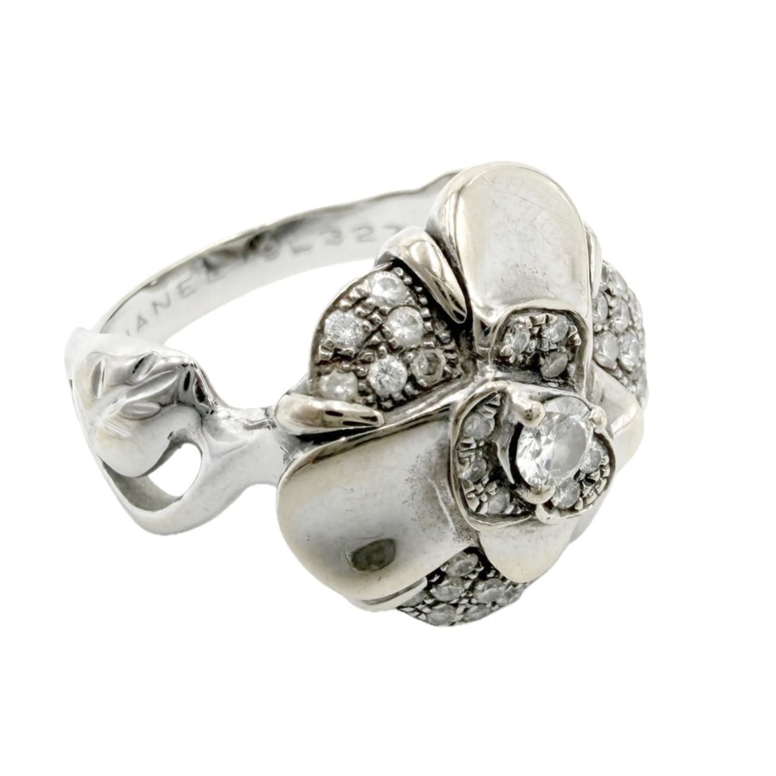 Chanel women's ring, camellia design, accessory, jewelry, Au750 18K white gold, diamond, (1 of 9)
