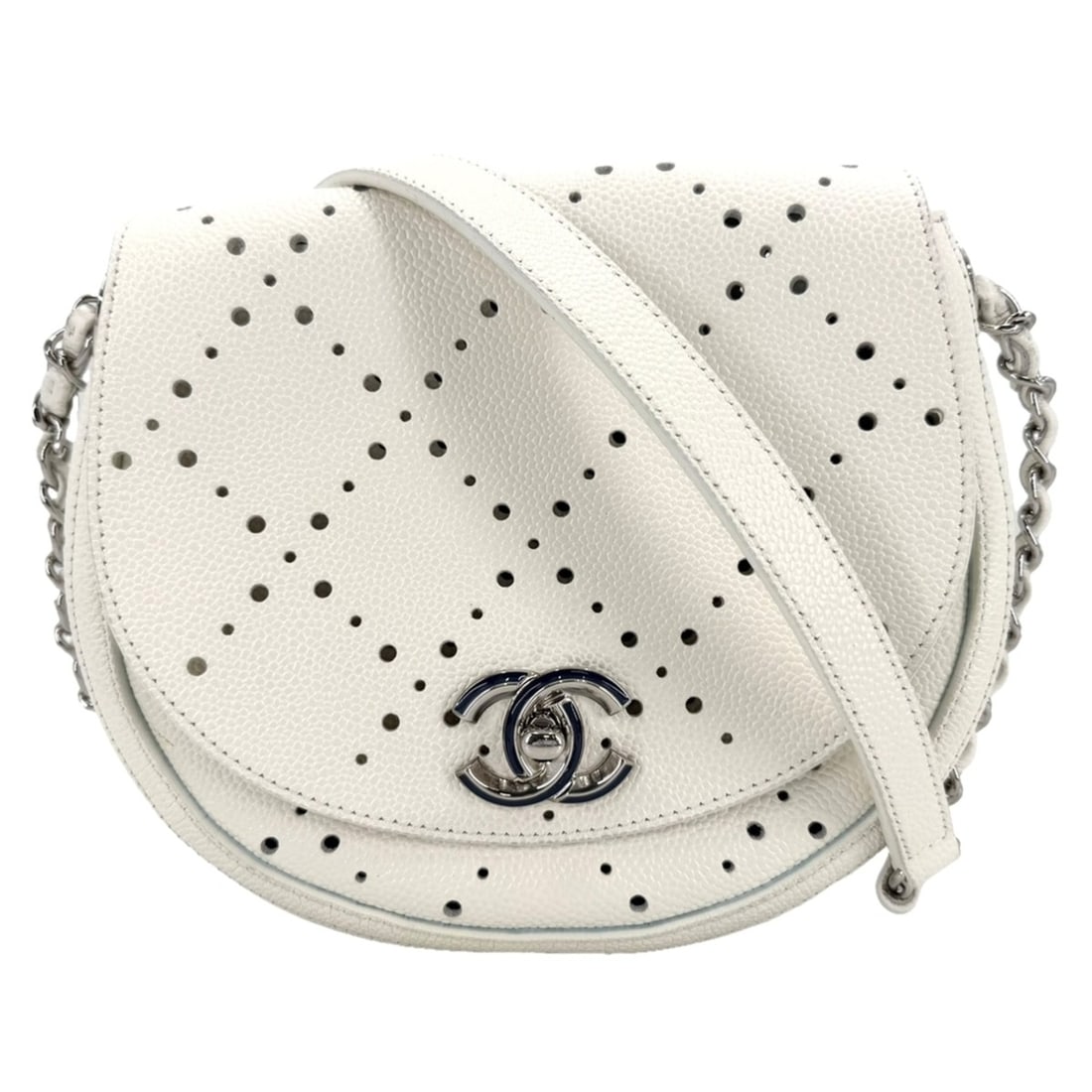 Chanel Women's Perforated Shoulder Bag, Small Size, White Leather, Silver Hardware, Coco Mark,: --- Catalog ---Category: SizeSize (HxWxD): 18cm x 21.5cm x 5cm / 7.08'' x 8.46'' x 1.96''Category: DesignType: Pochette, Shoulder bagColor: Brown, WhiteGender: WomenMaterial: Leather Category: General