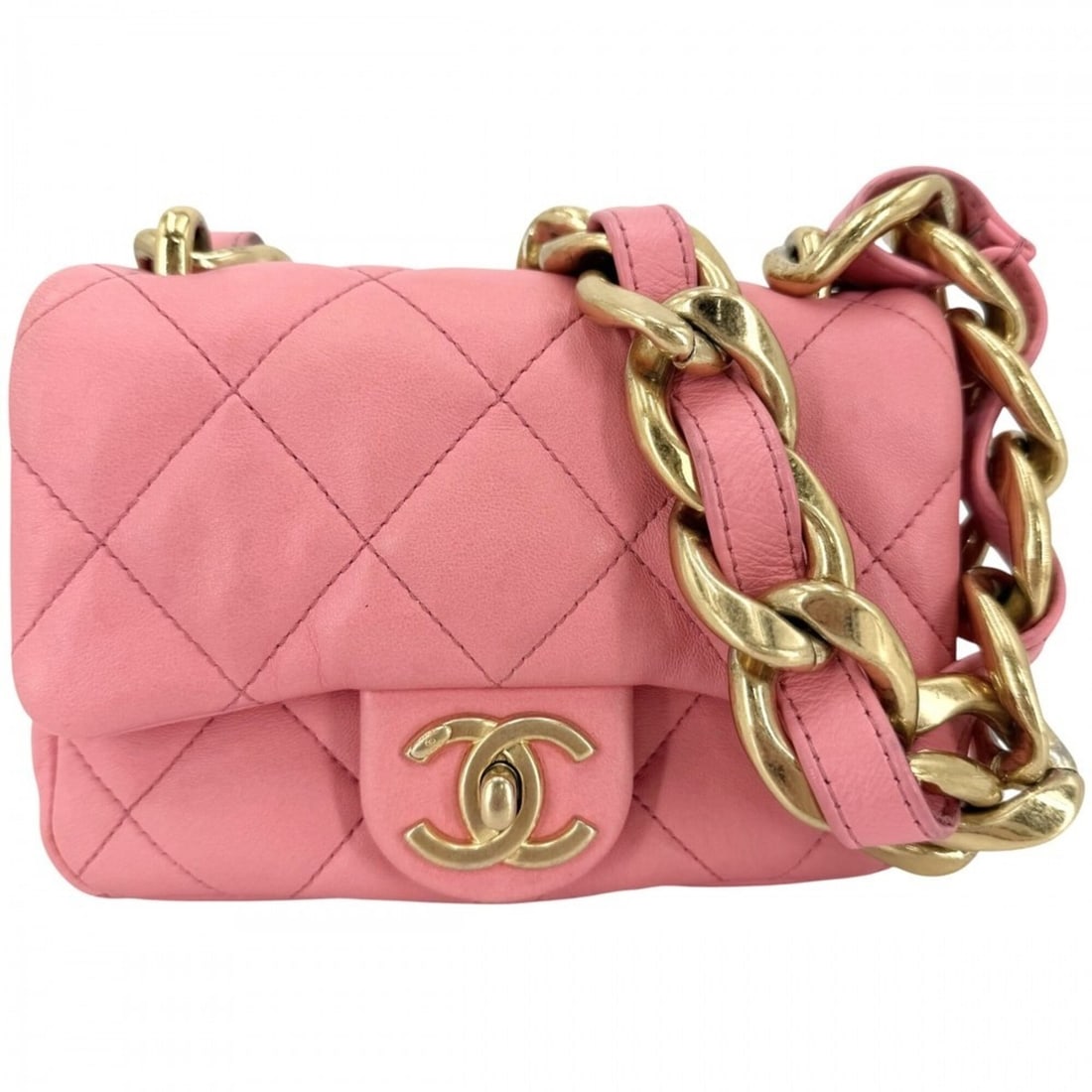 Chanel Mini Matelasse Chain Shoulder Bag for Women, Turnlock, Coco Mark, Leather, Pink, Gold: --- Catalog ---Category: SizeSize (HxWxD): 12cm x 17cm x 4cm / 4.72'' x 6.69'' x 1.57''Category: DesignType: Shoulder bagColor: PinkGender: WomenMaterial: Leather Hardware Color: GoldCategory: General