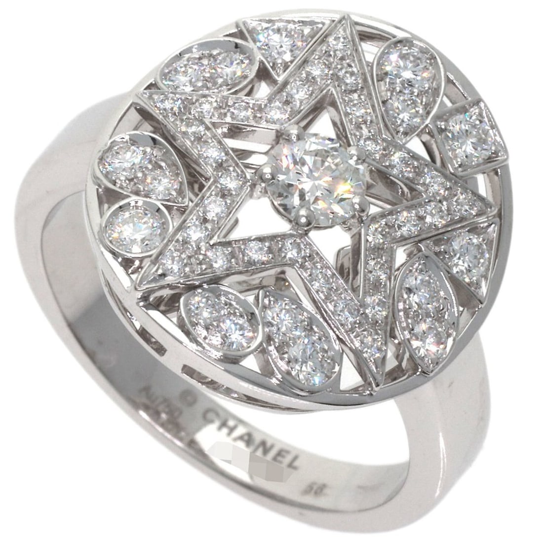 Chanel Comet Diamond Ring #56, 18K White Gold, Women's.: --- Catalog ---Category: SizeJP Size: 16US Size: 8Category: DesignType: Band ringStone: DiamondGender: WomenMaterial: White gold (18K)Category: GeneralBrand: Chanel--- Item List ---Section: ConditionR