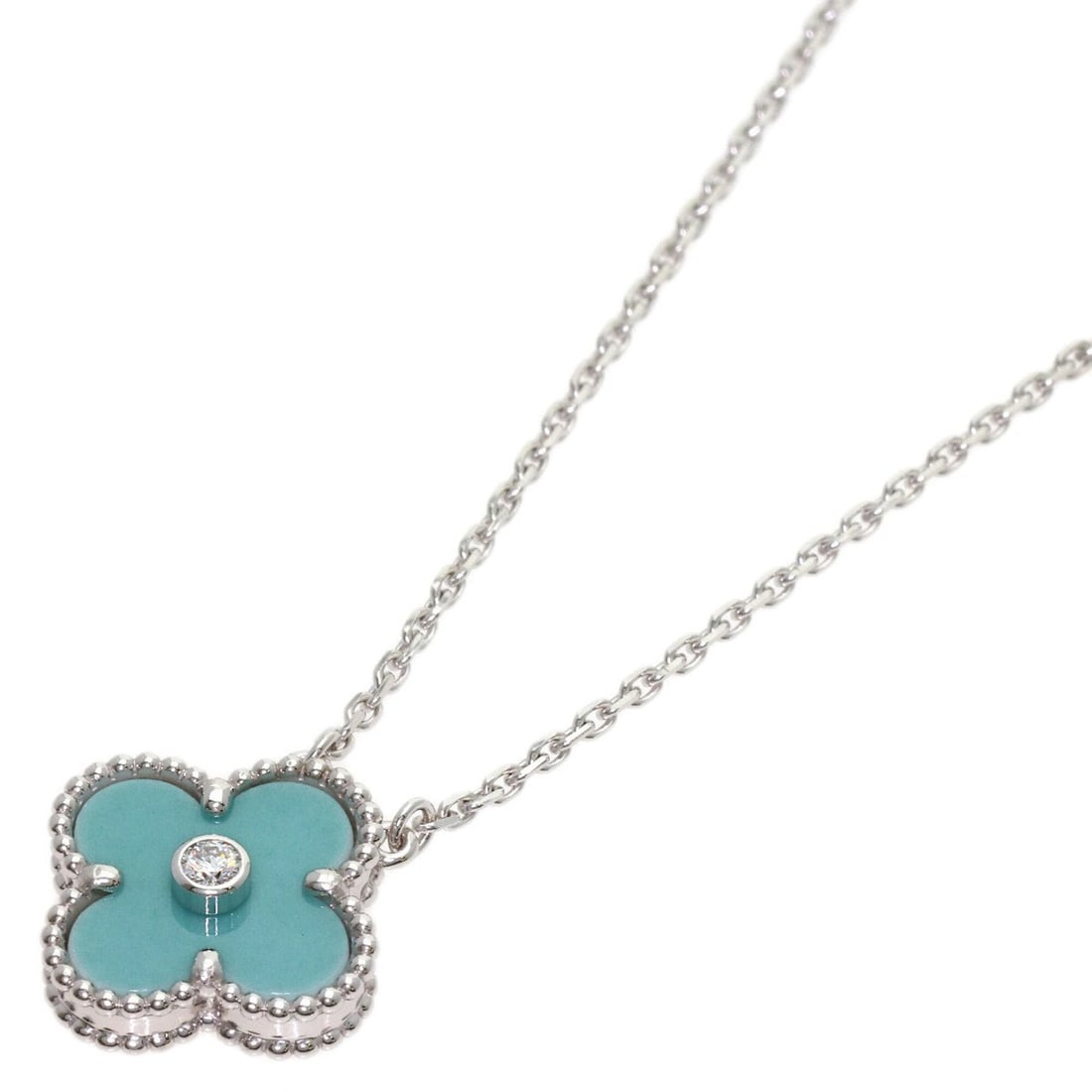 Van Cleef & Arpels Vintage Alhambra Celadon Green Necklace, 18K White Gold, Women's.: --- Catalog ---Category: SizePendant Size: 15mm x 15mm / 0.59'' x 0.59''Neck Circumference: 42 cm / 16.53''Category: DesignGender: WomenMaterial: White gold (18K)Necklace Type: NecklaceCategory: Gener