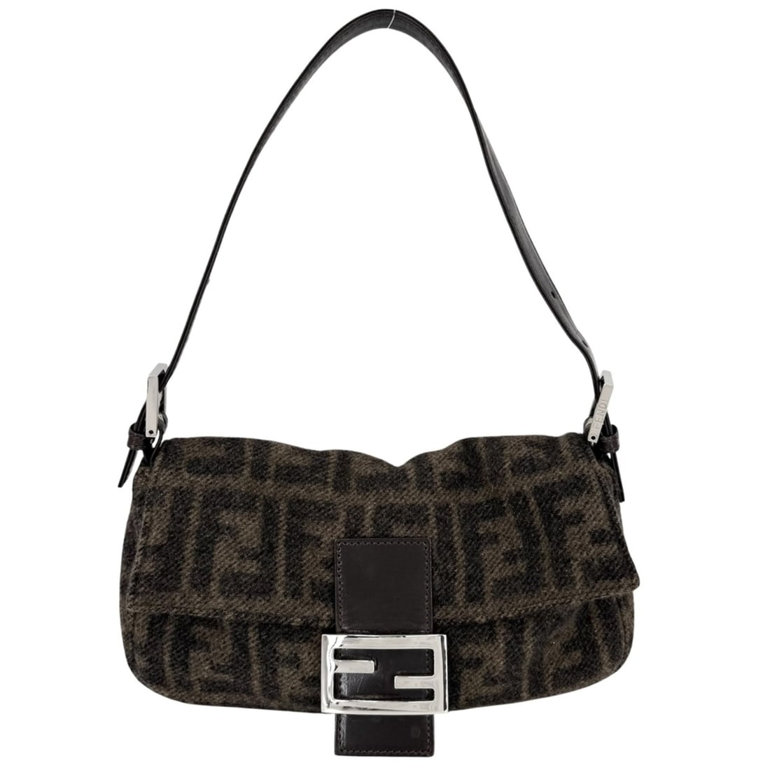 Fendi handbag for women, Zucca design, 26424, wool and leather, brown, silver hardware. (1 of 10)