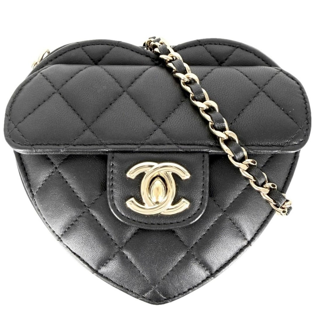 Chanel women's shoulder bag, Matelassé, heart design, Coco mark, small size, CHANEL lambskin,: --- Catalog ---Category: SizeSize (HxWxD): 13cm x 13cm x 4cm / 5.11'' x 5.11'' x 1.57''Category: DesignType: Shoulder bagColor: BlackGender: WomenMaterial: Leather Category: GeneralBrand: Chanel--- It