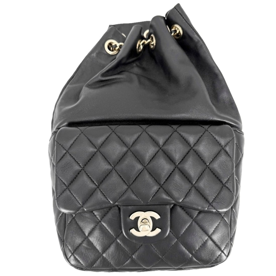 Chanel women's backpack, Coco Mark, Matelassé, drawstring, leather, black, gold hardware.