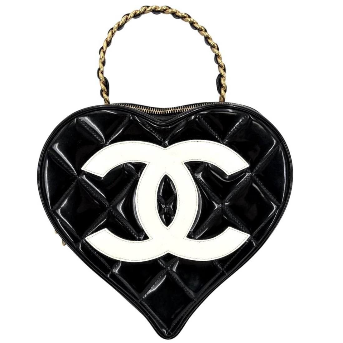 Chanel Women's Matelassé Heart Vanity Bag with Coco Mark, Quilted, Vintage Style, Patent Leather,: --- Catalog ---Category: SizeSize (HxWxD): 20cm x 23cm x 7cm / 7.87'' x 9.05'' x 2.75''Category: DesignType: HandbagColor: BlackGender: WomenMaterial: Patent leather Hardware Color: GoldCategory: Gene