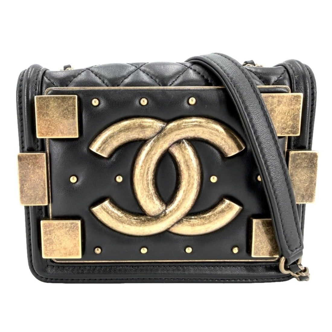 Chanel Matelassé Boy Brick Chain Shoulder Bag for Women, Coco Mark, Bag, Crossbody Lambskin, Black,: --- Catalog ---Category: SizeSize (HxWxD): 12cm x 16cm x 5cm / 4.72'' x 6.29'' x 1.96''Category: DesignType: Shoulder bagColor: BlackGender: WomenMaterial: Leather Hardware Color: Matte goldLeather/Fu