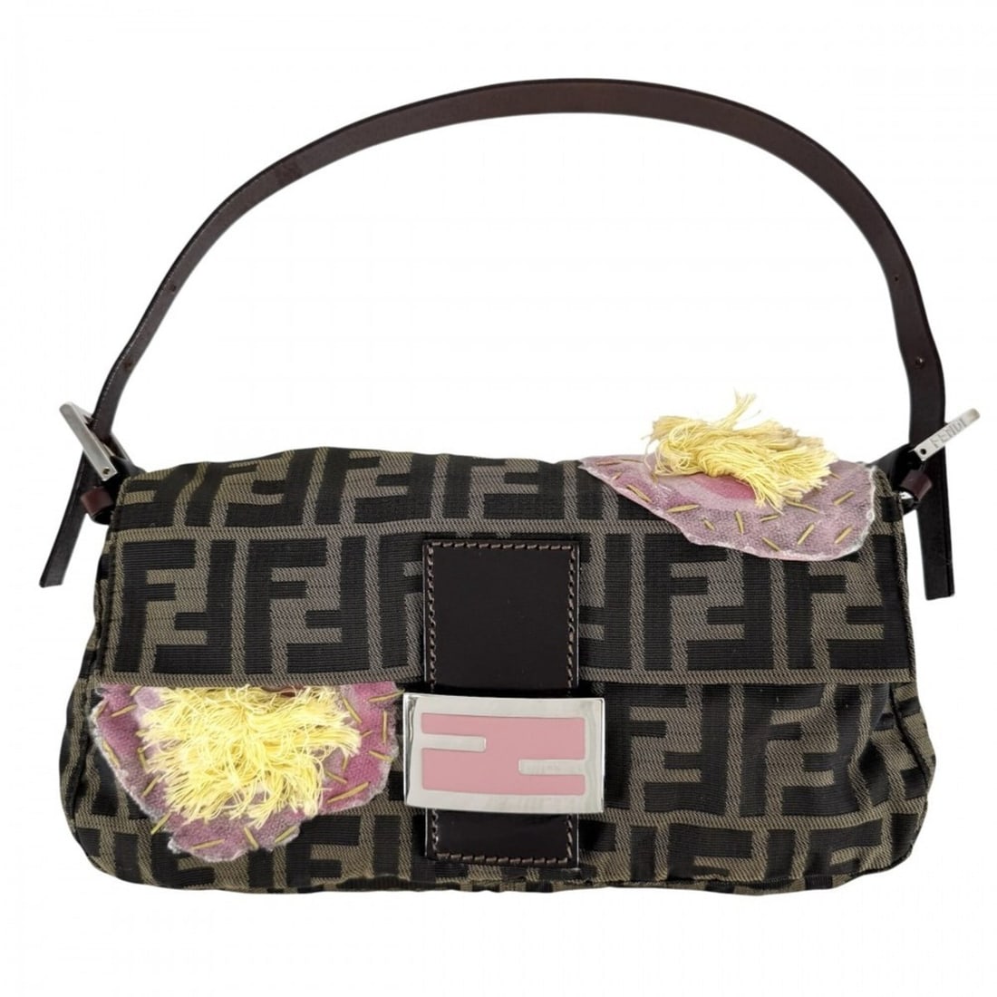 Fendi handbag for women, Mamma Bucket style, floral embroidery, shoulder bag, nylon canvas, brown,: --- Catalog ---Category: SizeSize (HxWxD): 14cm x 25cm x 5cm / 5.51'' x 9.84'' x 1.96''Category: DesignType: HandbagColor: Brown, PinkGender: WomenMaterial: Nylon canvas Hardware Color: SilverCategory