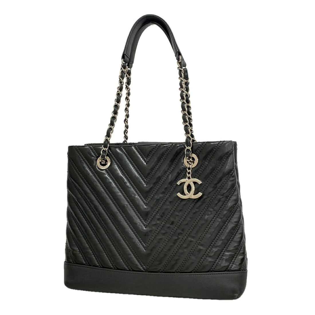 Chanel Tote Bag/Chain Tote, V-Stitch, Patent Leather, Black, Women's
