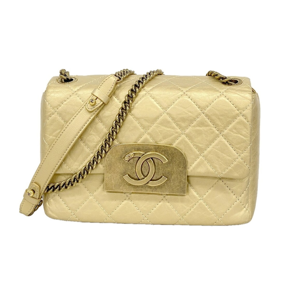 Chanel Matelassé Shoulder Bag, Double Chain, Lambskin, Gold, Women's