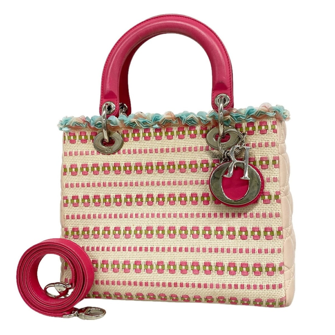 Christian Dior Cannage Lady handbag, canvas and leather, multicolor, 2-way bag for women, OP018924: --- Catalog ---Category: SizeSize (HxWxD): 20.5cm x 24cm x 12cm / 8.07'' x 9.44'' x 4.72''Category: DesignType: HandbagColor: Multi-colorGender: WomenMaterial: Canvas , Leather Hardware Color: SilverC