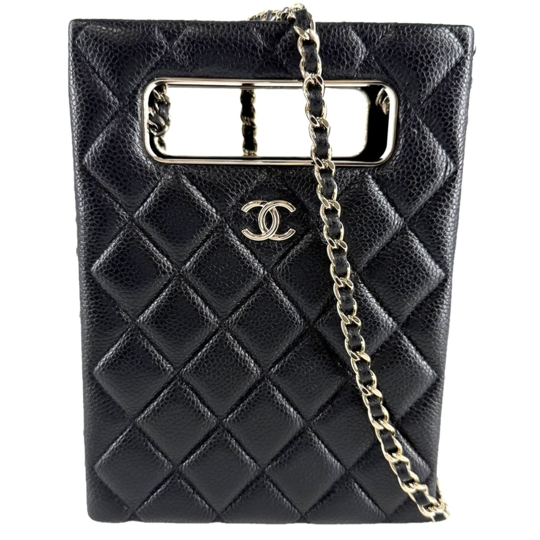 Chanel Matelassé Evening Shoulder Bag for Women, Coco Mark, Caviar Leather, Black, Gold Hardware
