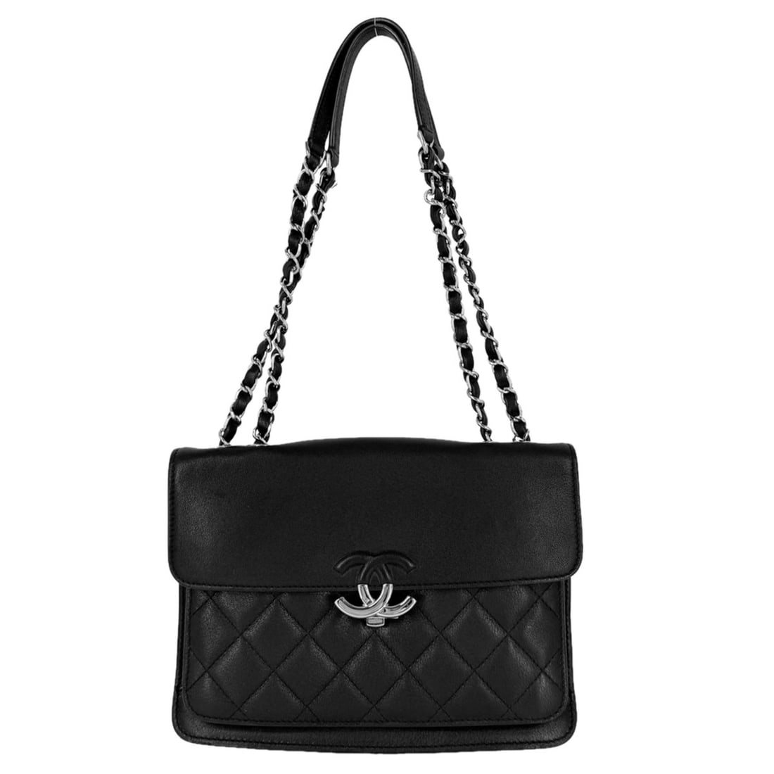 Chanel Women's Matelassé Shoulder Bag with Coco Mark, Double Chain, Bag, Crossbody Leather, Black, (1 of 10)