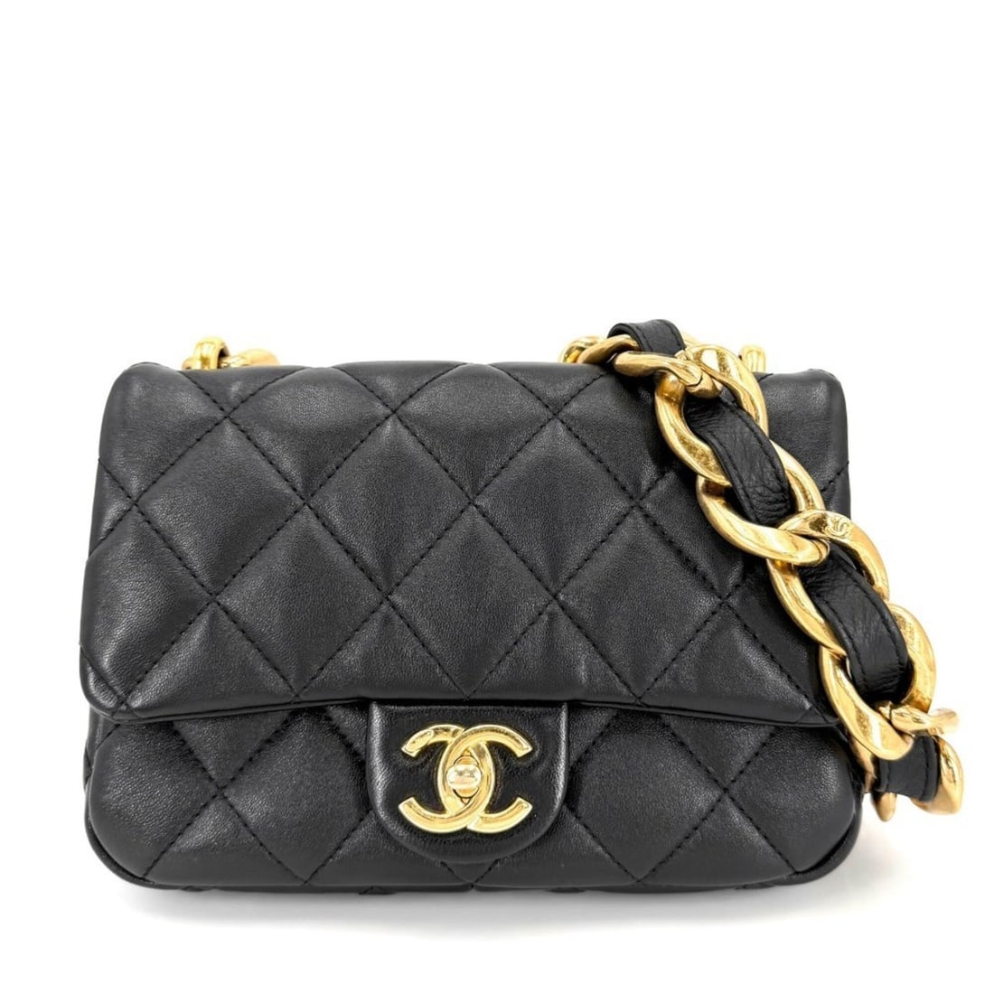 Chanel Women's Matelassé Shoulder Bag with Coco Mark, Chain Bag, Black Leather, Gold Hardware: --- Catalog ---Category: SizeSize (HxWxD): 14cm x 21cm x 4cm / 5.51'' x 8.26'' x 1.57''Strap Length: 70cm / 27.55''Category: DesignType: Pochette, Shoulder bagColor: BlackGender: WomenMaterial: Leathe