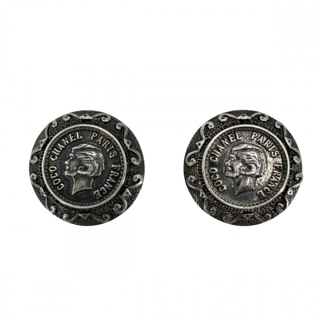 Chanel Earrings for Women, Round Medal Coin Accessory, Mademoiselle CHANEL 96A, Silver, Approx.