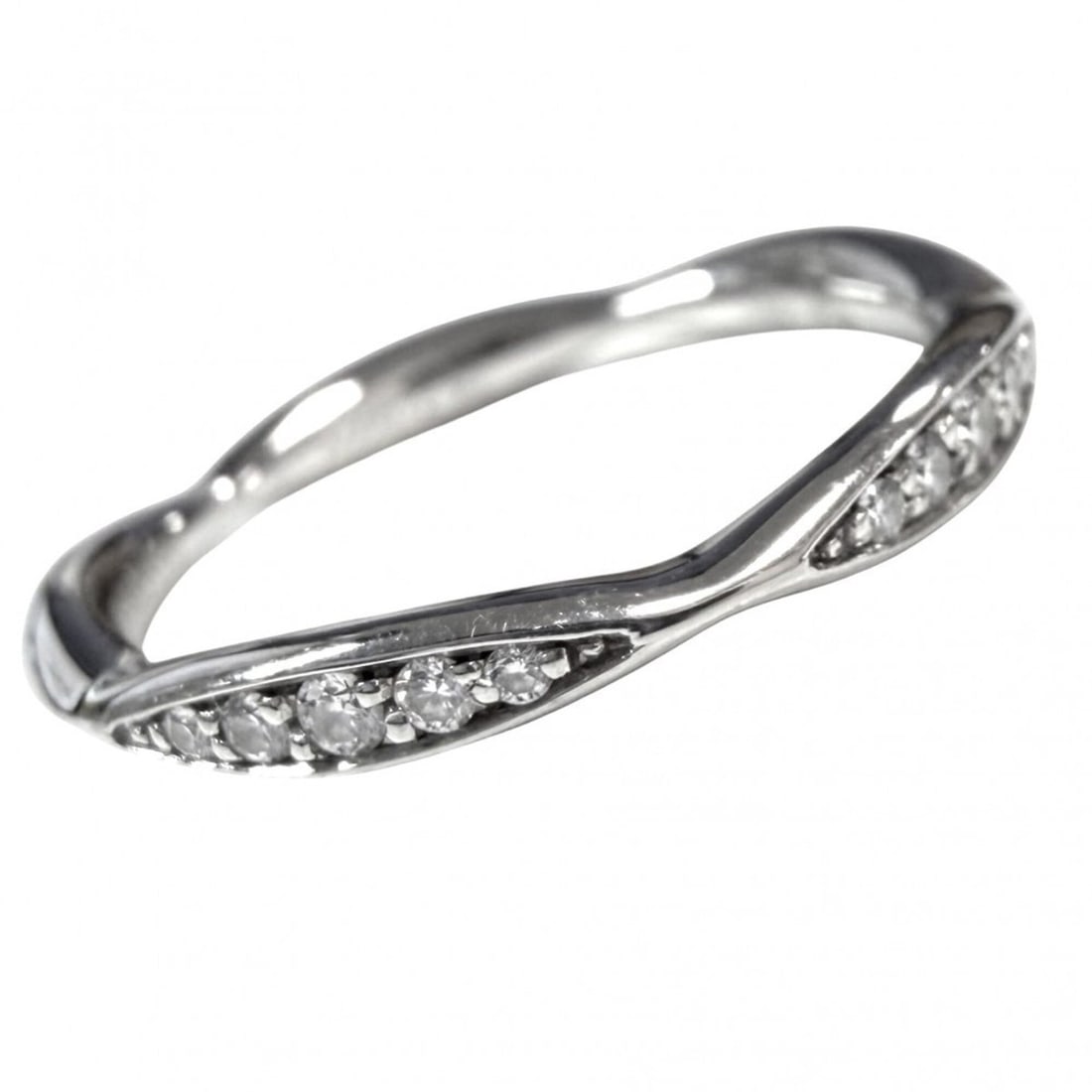 Chanel Women's Camellia Collection Half Eternity Ring, Size 50, with Initial Engraving, Pt950: --- Catalog ---Category: SizeJP Size: 9.5US Size: 5Category: DesignColor: Silver, WhiteGender: WomenMaterial: Platinum 950Category: GeneralBrand: Chanel--- Item List ---Section: ConditionRanking: Rank