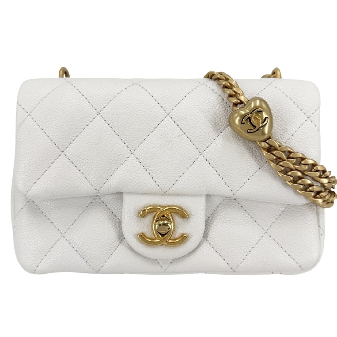 Chanel Women's Mini Flap Shoulder Bag with Chain Strap, Turnlock Closure, Heart Design, Coco Mark,: --- Catalog ---Category: SizeSize (HxWxD): 12cm x 18cm x 4.5cm / 4.72'' x 7.08'' x 1.77''Category: DesignType: Shoulder bagColor: WhiteGender: WomenMaterial: Grained Calfskin Category: GeneralBrand: C