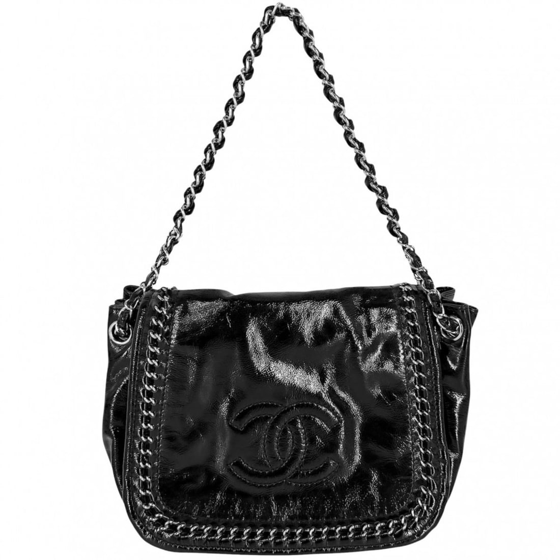 Chanel Shoulder Bag for Women, Coco Mark, Chain Strap, Enamel/Patent Leather, Black, Silver Hardware: --- Catalog ---Category: SizeSize (HxWxD): 20cm x 26cm x 12cm / 7.87'' x 10.23'' x 4.72''Category: DesignType: Shoulder bagColor: Black, WhiteGender: WomenMaterial: Patent leather Category: GeneralBra
