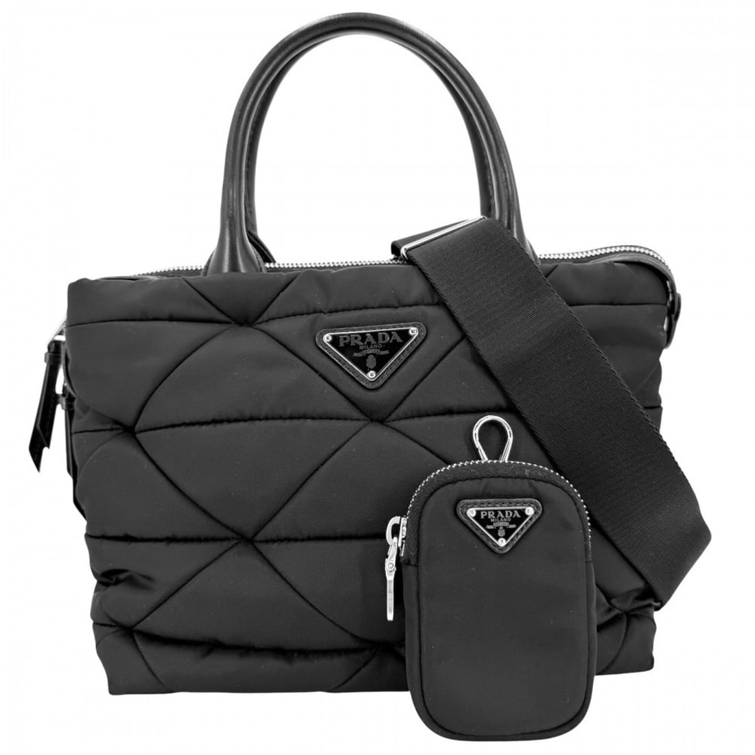 Prada Women's Small Padded Handbag Shoulder Bag Crossbody PRADA 1BG373 Nylon Black Silver Hardware: --- Catalog ---Category: SizeSize (HxWxD): 19cm x 23cm x 13.5cm / 7.48'' x 9.05'' x 5.31''Category: DesignType: Handbag, Pouch, Shoulder bagColor: Black, WhiteGender: WomenMaterial: Nylon Category: Ge