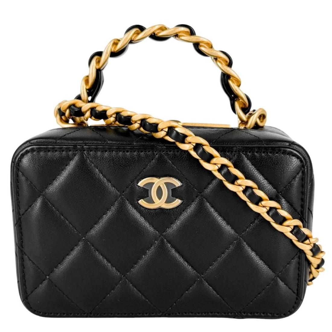 Chanel Women's Matelassé Coco Mark Mini Handbag Chain Shoulder Bag Crossbody Vanity CHANEL Lambskin: --- Catalog ---Category: SizeSize (HxWxD): 8.5cm x 13.5cm x 6cm / 3.34'' x 5.31'' x 2.36''Strap Length: 117cm / 46.06''Handle Length: 13cm / 5.11''Category: DesignType: Handbag, Shoulder bagColor: Bla