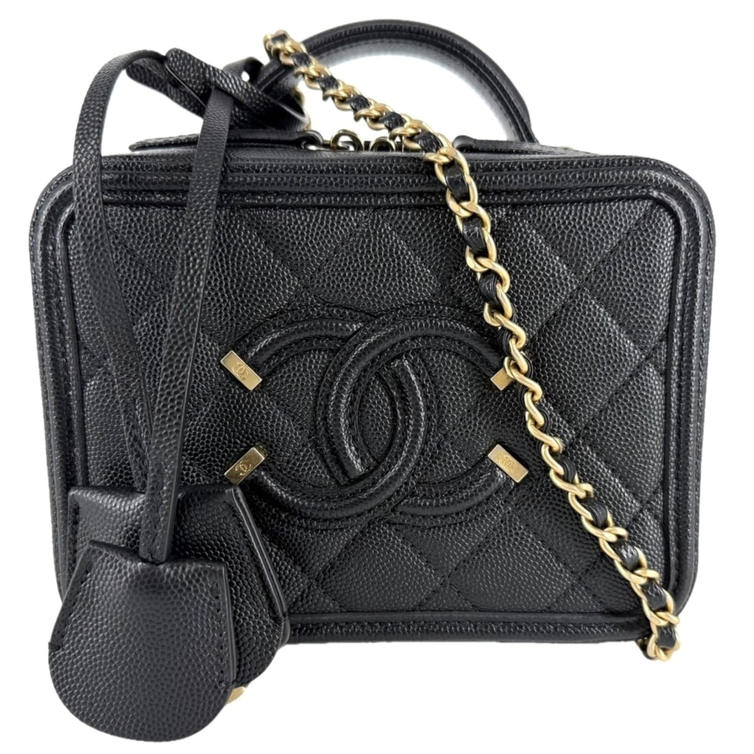 Chanel Women's CC Filigree Vanity Bag Mini Pouch Shoulder Crossbody Coco Mark Matelassé Handbag: --- Catalog ---Category: SizeSize (HxWxD): 12cm x 16cm x 7cm / 4.72'' x 6.29'' x 2.75''Strap Length: 130cm / 51.18''Handle Length: 10cm / 3.93''Category: DesignType: Handbag, Shoulder bag, Vanity bagC