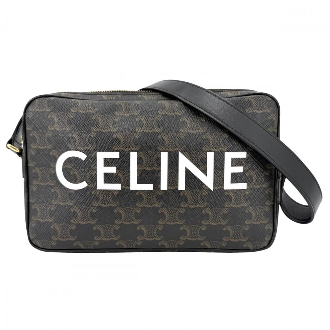 Celine women's medium messenger bag with logo print, Triomphe canvas, calfskin, black, brown, and (1 of 15)