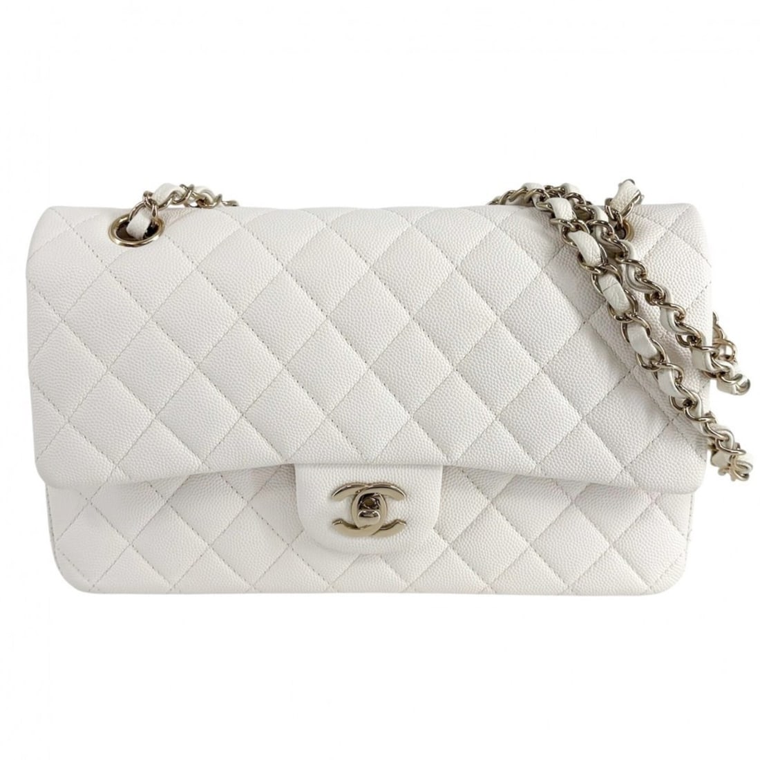 Chanel Matelassé 25 Shoulder Bag for Women, Double Chain, Flap, Bag, Crossbody Coco Mark, Turnlock,: --- Catalog ---Category: SizeSize (HxWxD): 15cm x 25cm x 6.5cm / 5.9'' x 9.84'' x 2.55''Category: DesignType: Shoulder bagColor: WhiteGender: WomenMaterial: Grained Calfskin Hardware Color: GoldCatego