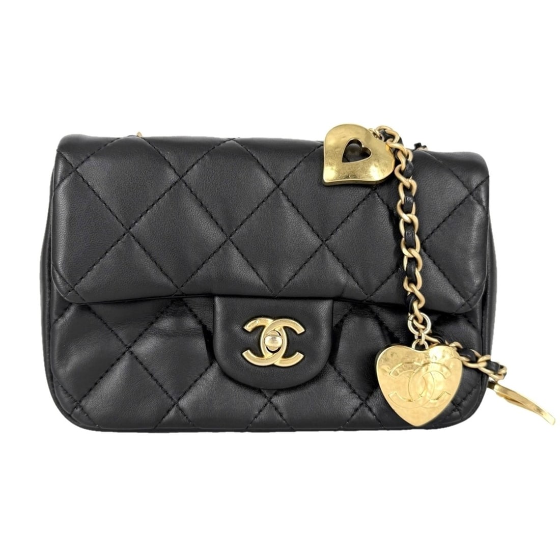Chanel Mini Matelasse Shoulder Bag for Women with Heart Charm, Chain Strap, Turnlock Closure, Bag,: --- Catalog ---Category: SizeSize (HxWxD): 11cm x 17cm x 4.5cm / 4.33'' x 6.69'' x 1.77''Category: DesignType: Shoulder bagColor: BlackGender: WomenMaterial: Leather Hardware Color: GoldLeather/Fur Ty