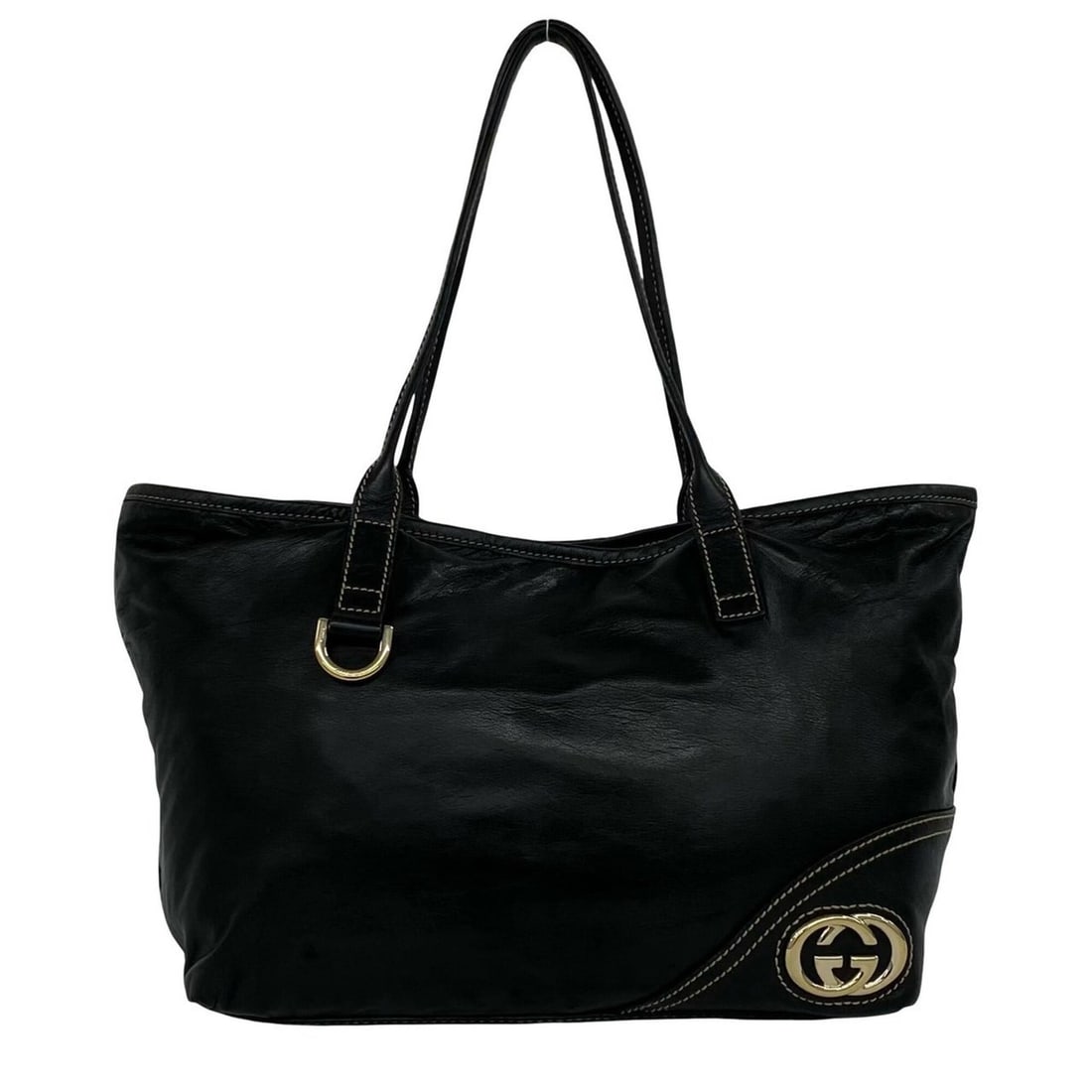 GUCCI New Brit GG Logo Hardware Leather Semi-Shoulder Bag Tote Black 34877 (1 of 12)
