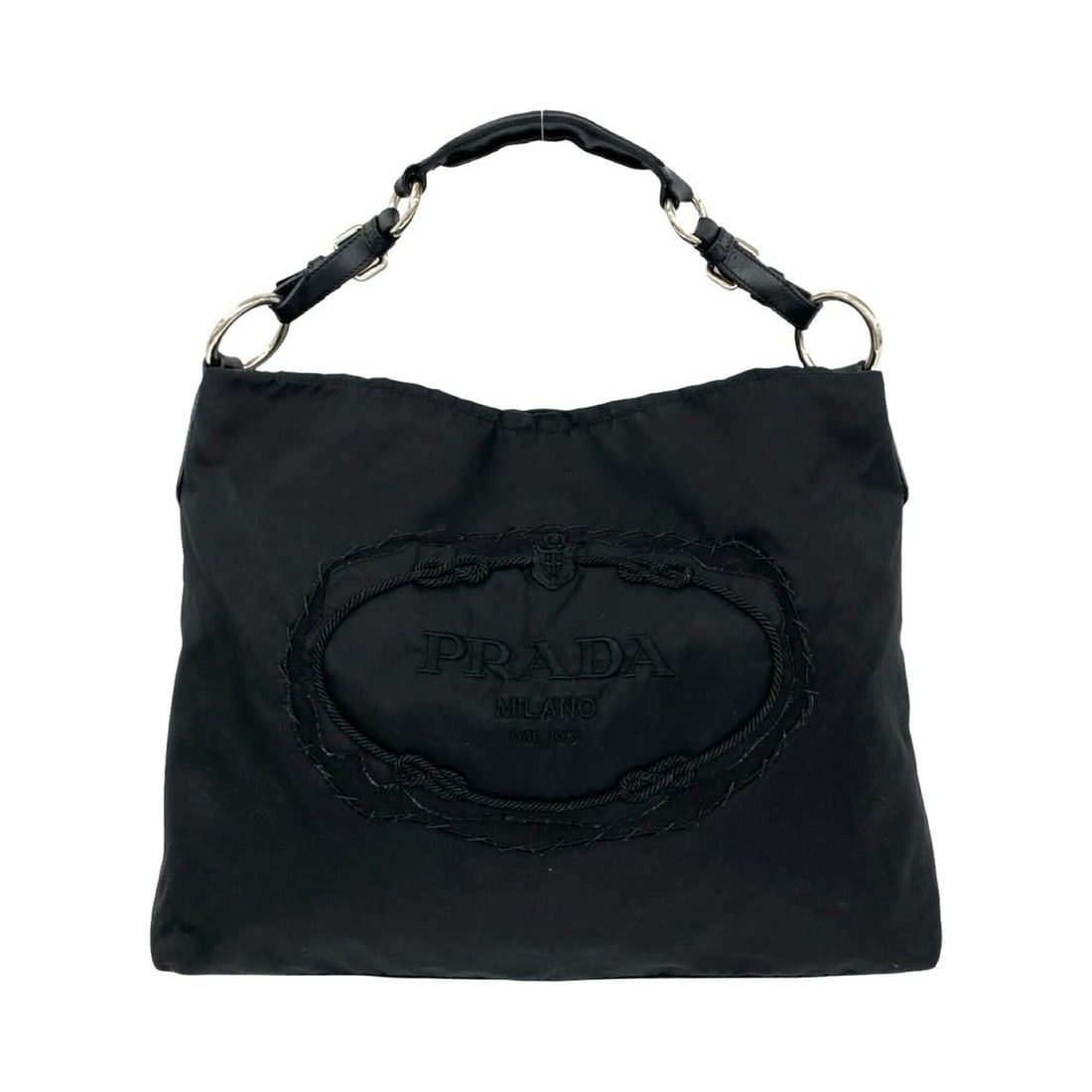 PRADA logo nylon leather genuine semi-shoulder bag tote Boston black 39849: --- Catalog ---Category: SizeSize (HxWxD): 33.5cm x 50.5cm x 10cm / 13.18'' x 19.88'' x 3.93''Category: DesignType: Boston bag, Shoulder bag, Tote bagColor: BlackGender: WomenMaterial: Nylon , Leather