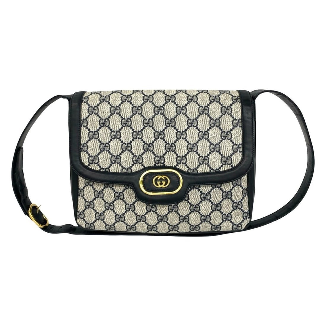 GUCCI Vintage GG Logo Leather Shoulder Bag/Pouch (Navy Blue) - Item No. 07432: --- Catalog ---Category: SizeSize (HxWxD): 25cm x 22.5cm x 7cm / 9.84'' x 8.85'' x 2.75''Category: DesignType: Pochette, Shoulder bagColor: NavyGender: WomenMaterial: Leather , PVC Category: GeneralBr