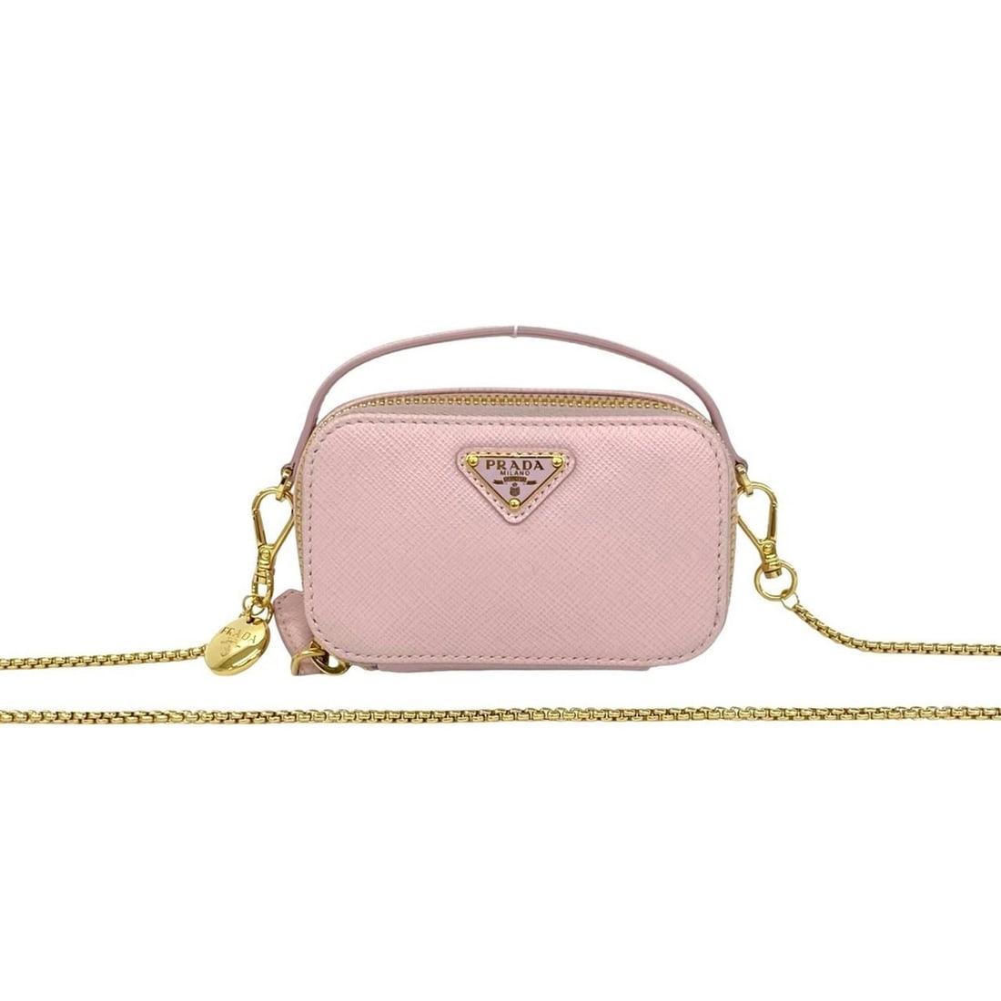 PRADA Triangle Mini Pouch, Logo Hardware, Saffiano Leather, Genuine Leather Shoulder Bag/Pochette,: --- Catalog ---Category: SizeSize (HxWxD): 6.5cm x 11cm x 4cm / 2.55'' x 4.33'' x 1.57''Category: DesignType: Pochette, Pouch, Shoulder bagColor: PinkGender: WomenMaterial: Leather Category: GeneralBr
