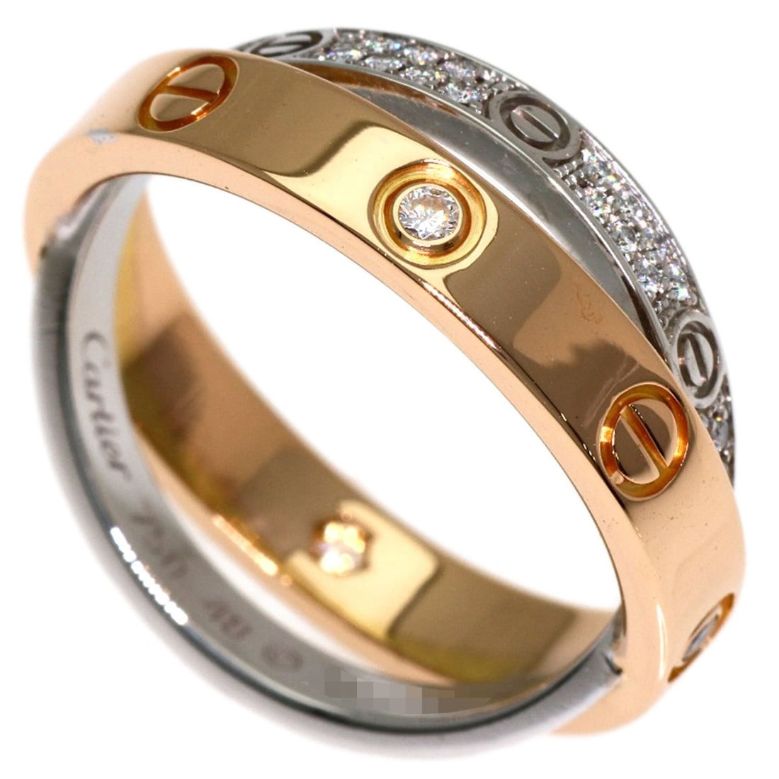 Cartier B-Love Full Pave Diamond Ring #48, 18K Pink Gold/18K White Gold, Women's.: --- Catalog ---Category: SizeJP Size: 8US Size: 4.5Category: DesignType: Band ringStone: DiamondGender: WomenMaterial: Pink gold (18K), White gold (18K)Category: GeneralBrand: Cartier--- Item List ---