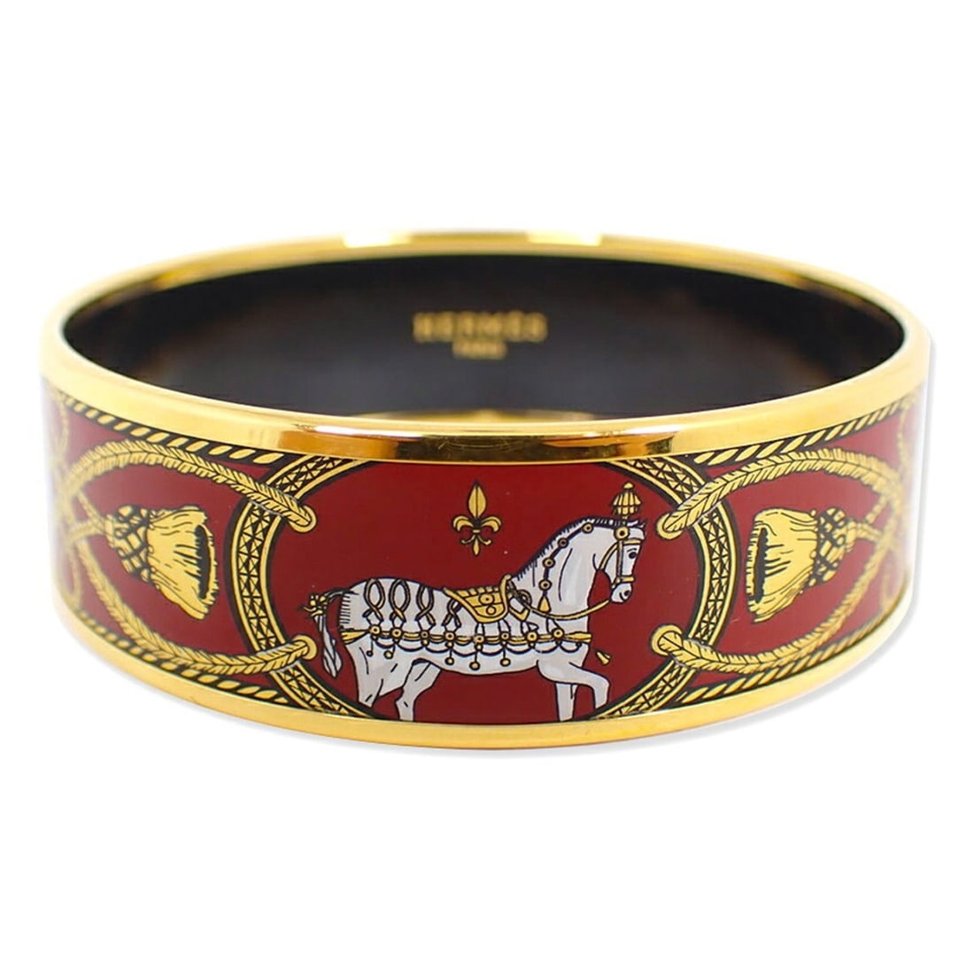 HERMES Enamel GM Horse Bangle: --- Catalog ---Category: SizeLength: 20cm / 7.87''Category: DesignType: BangleGender: WomenMaterial: MetalCategory: GeneralBrand: Hermes--- Item List ---Section: ConditionRanking: Rank A Used - A few 