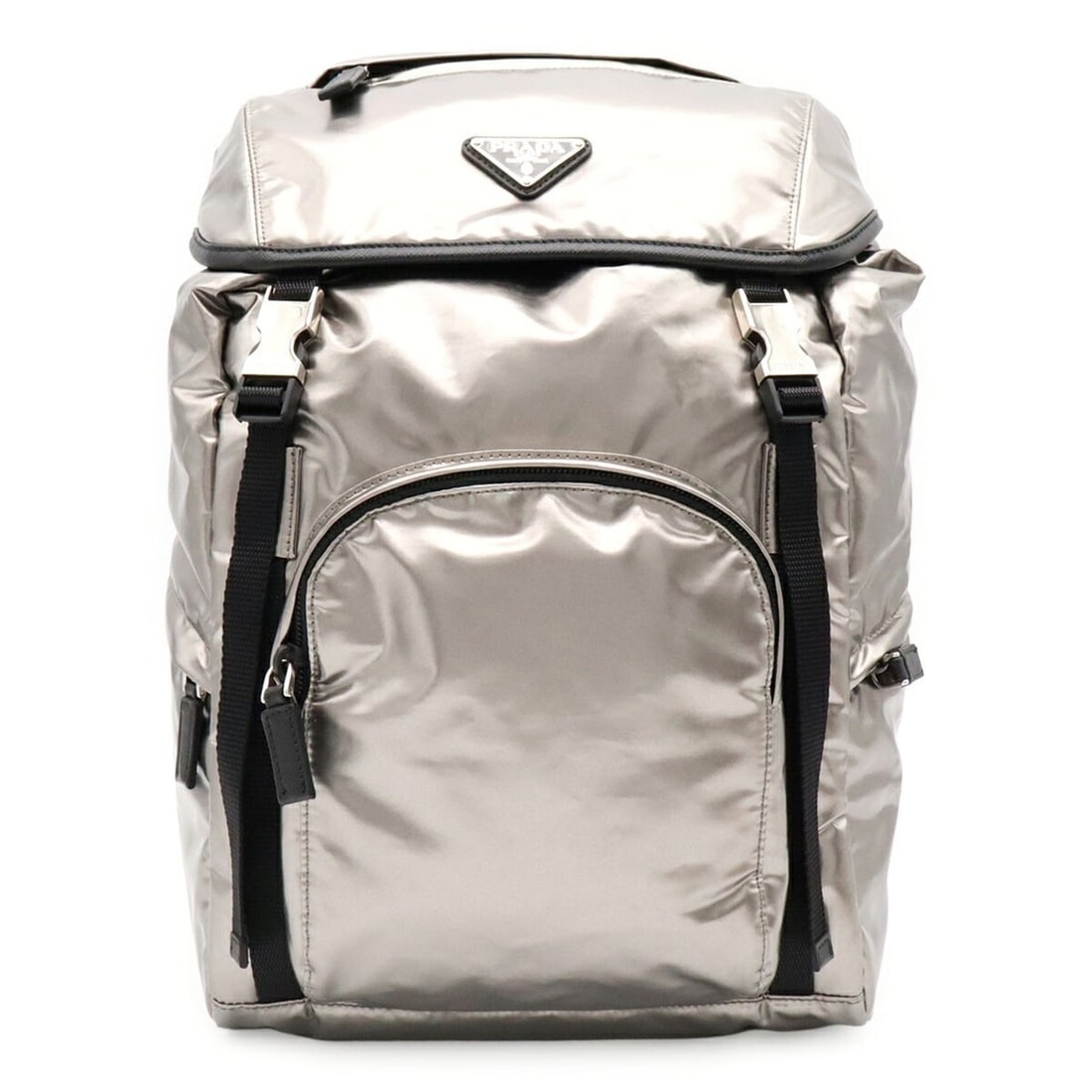 PRADA Triangle Backpack/Shoulder Bag, Nylon, Metallic Silver, 1BZ039: --- Catalog ---Category: SizeSize (HxWxD): 37cm x 24.5cm x 14cm / 14.56'' x 9.64'' x 5.51''Category: DesignType: Backpack, Shoulder bagColor: Metallic silverGender: Women,MenMaterial: Nylon Category: 