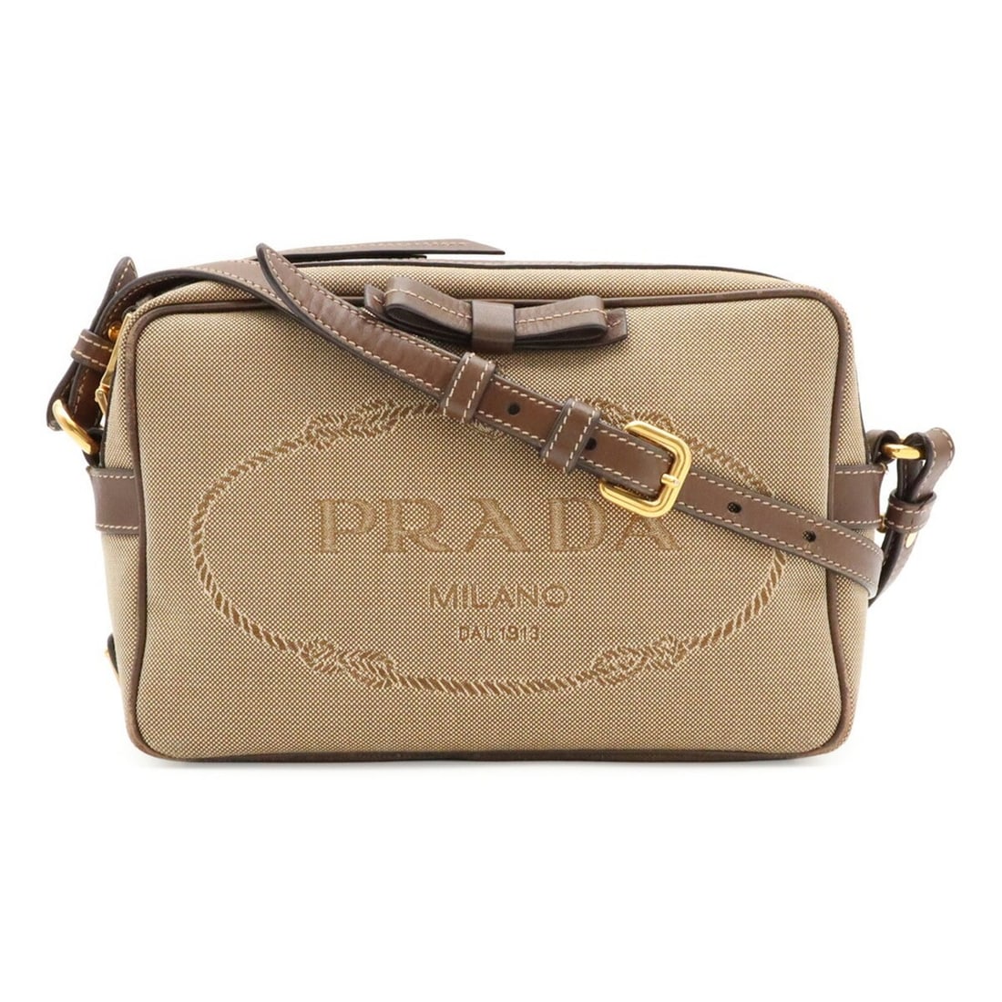 PRADA Jacquard Ribbon Shoulder Bag/Pochette, Canvas, CORDA Beige/BRUCIA Brown, Purchased at a