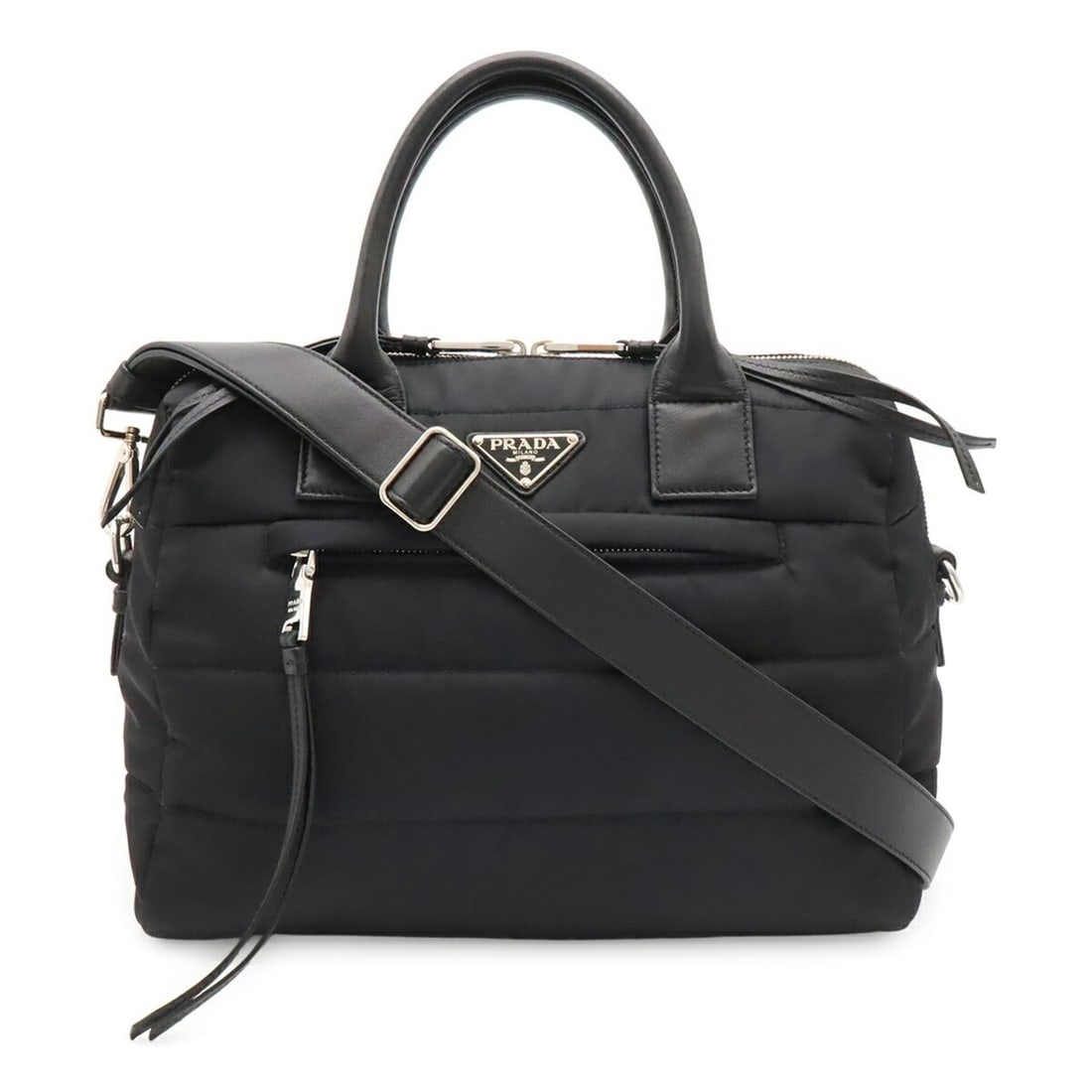 PRADA Bomber Handbag/Shoulder Bag, Nylon and Leather, Black (NERO), Purchased from an overseas: --- Catalog ---Category: SizeSize (HxWxD): 27cm x 30.5cm x 15.5cm / 10.62'' x 12'' x 6.1''Category: DesignType: Boston bag, Handbag, Shoulder bagColor: Black, NeroGender: Women,MenMaterial: Nylon , Le
