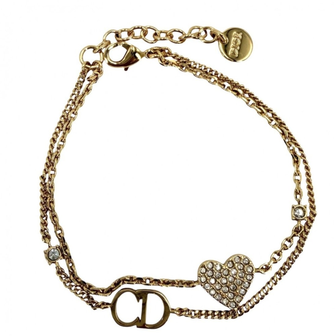 Christian Dior Dior Clair D Lune Double Strand Bracelet for Women, Heart Design, Adjustable,: --- Catalog ---Category: SizeLength: 16.5cm / 6.49''Category: DesignType: Charm braceletGender: WomenMaterial: RhinestoneCategory: GeneralBrand: Christian Dior--- Item List ---Section: ConditionRankin