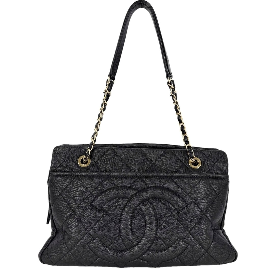 Chanel Women's Matelassé Chain Tote Bag with Coco Mark, Shoulder Bag, Caviar Leather, Black, Gold: --- Catalog ---Category: SizeSize (HxWxD): 20cm x 33cm x 12cm / 7.87'' x 12.99'' x 4.72''Category: DesignType: HandbagColor: Black, WhiteGender: WomenMaterial: Grained Calfskin Category: GeneralBrand: