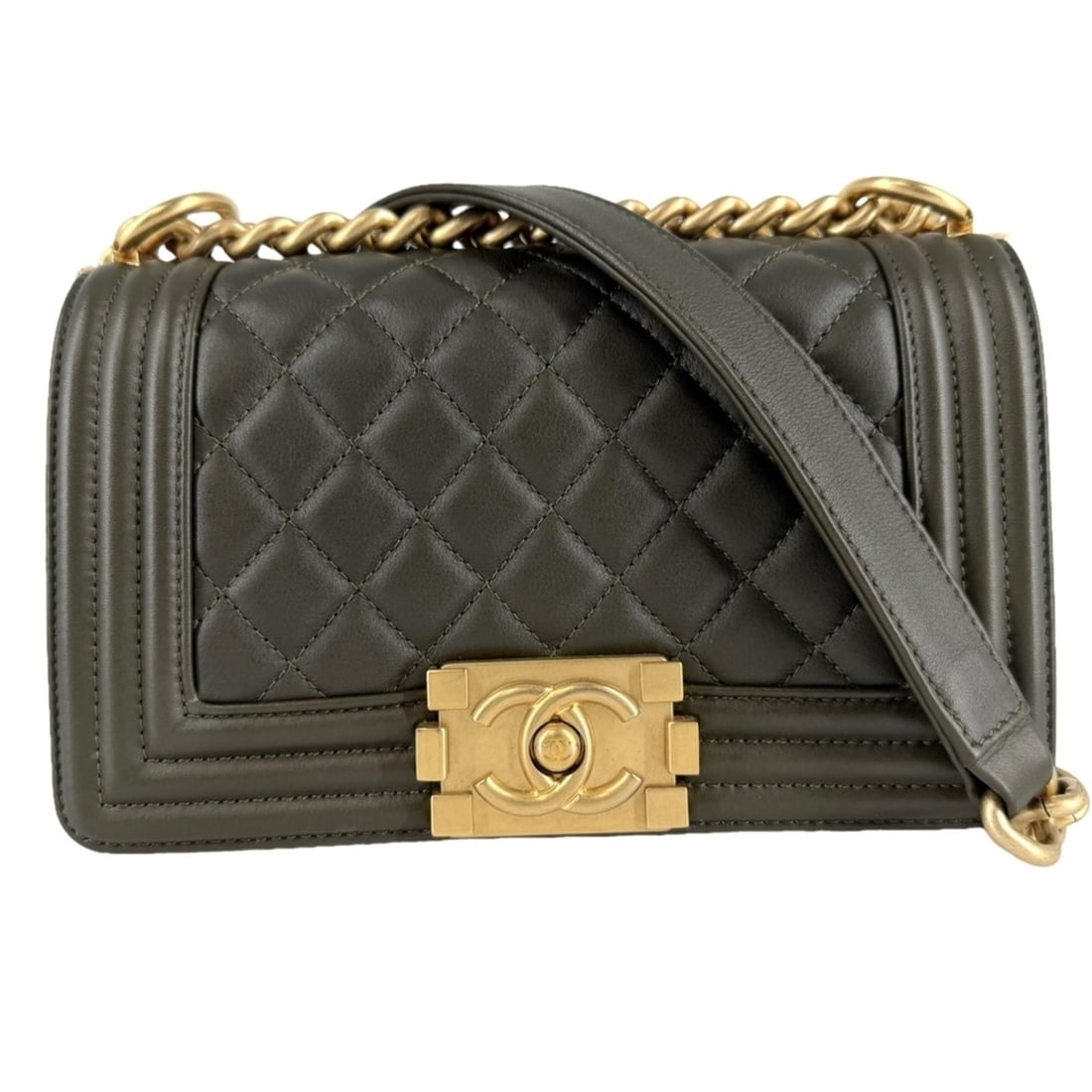 Chanel shoulder bag for women, Matelassé Boy 20, with Coco Mark, bag, crossbody lambskin, khaki,: --- Catalog ---Category: SizeSize (HxWxD): 12cm x 20cm x 7cm / 4.72'' x 7.87'' x 2.75''Category: DesignType: Shoulder bagColor: Khaki, WhiteGender: WomenMaterial: Leather Category: GeneralBrand: Chane