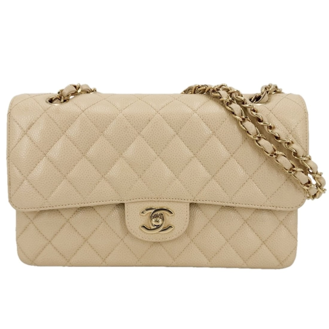 Chanel Matelassé 25 Shoulder Bag for Women, Double Chain, Flap, Bag, Crossbody Coco Mark, Turnlock,: --- Catalog ---Category: SizeSize (HxWxD): 15cm x 25cm x 6.5cm / 5.9'' x 9.84'' x 2.55''Category: DesignType: Shoulder bagColor: Beige, Beige goldGender: WomenMaterial: Grained Calfskin Category: Gene
