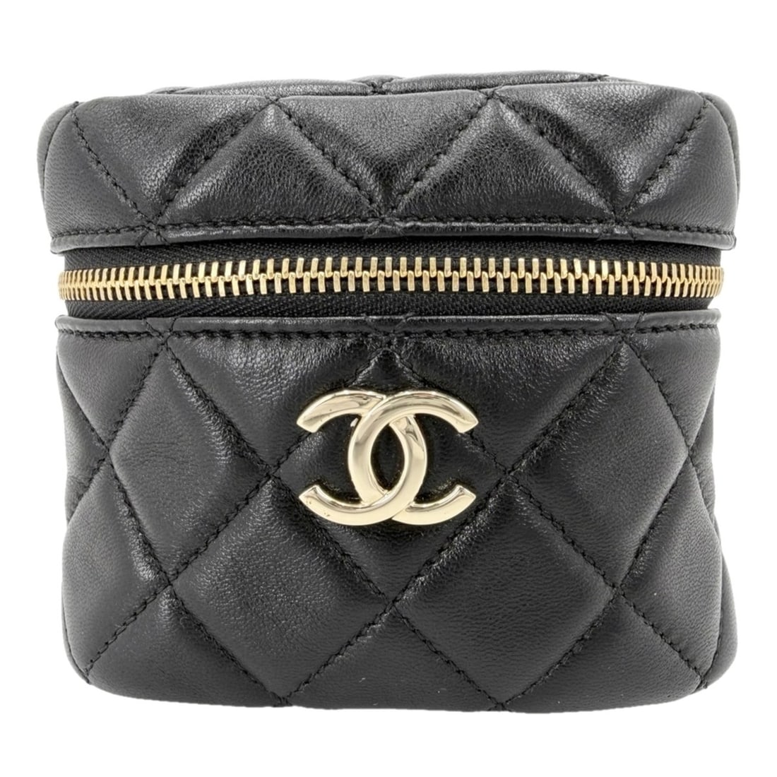 Chanel handbag for women, Matelassé mini bag/pouch, Coco mark, CHANEL lambskin, black, gold: --- Catalog ---Category: SizeSize (HxWxD): 9.5cm x 11cm x 10cm / 3.74'' x 4.33'' x 3.93''Category: DesignType: Handbag, PouchColor: Black, WhiteGender: WomenMaterial: Leather Category: GeneralBrand: C
