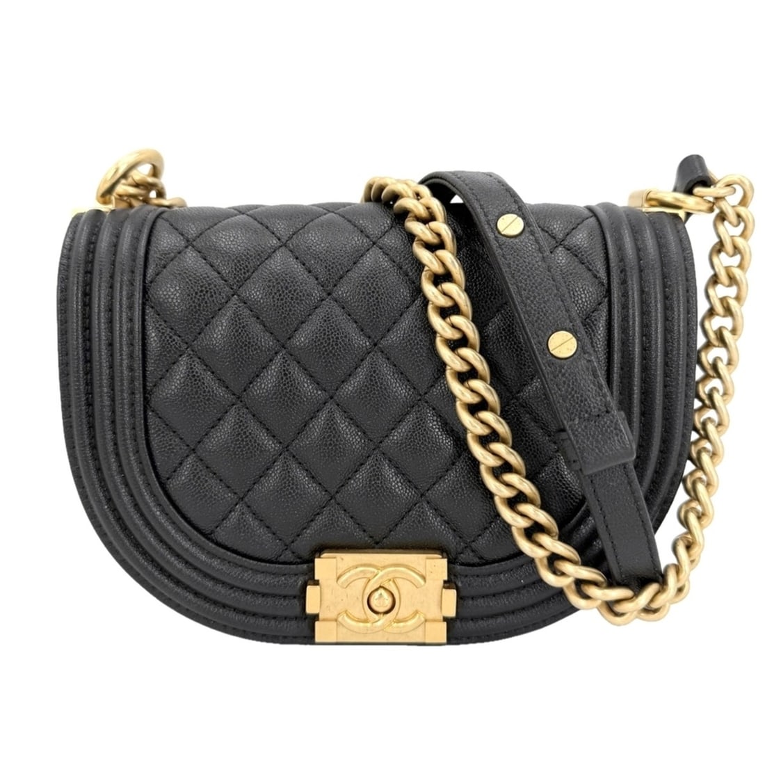 Chanel Women's Matelassé Half Moon Shoulder Bag, Coco Mark, Crossbody Boy Chanel, Caviar Leather,: --- Catalog ---Category: SizeSize (HxWxD): 14cm x 18.5cm x 5.5cm / 5.51'' x 7.28'' x 2.16''Category: DesignType: Pochette, Shoulder bagColor: Black, WhiteGender: WomenMaterial: Grained Calfskin Catego