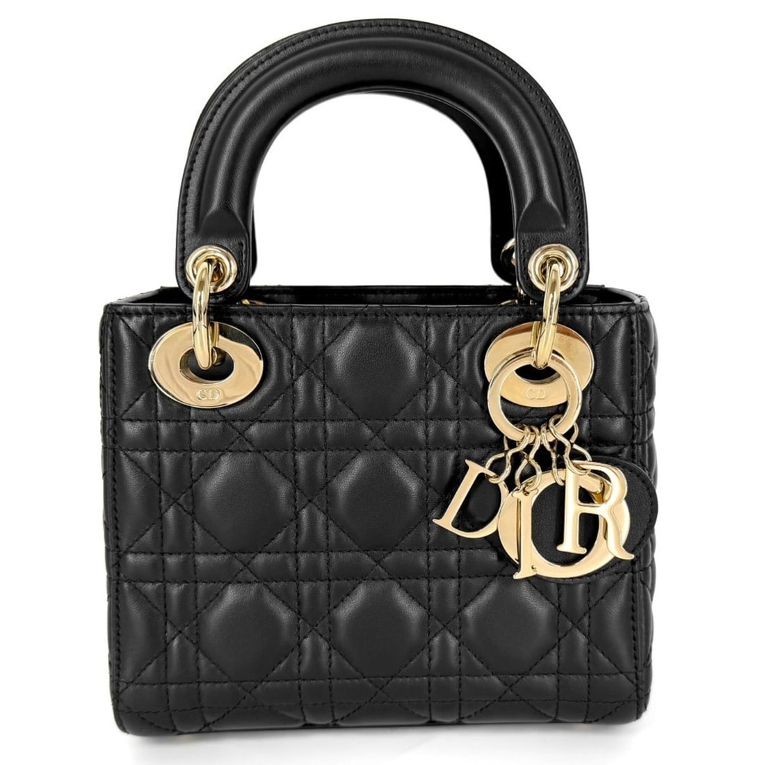 Christian Dior handbag for women, Cannage Lady Mini, small size, lambskin, black, gold hardware.: --- Catalog ---Category: SizeSize (HxWxD): 15cm x 17cm x 7.5cm / 5.9'' x 6.69'' x 2.95''Category: DesignType: HandbagColor: Black, WhiteGender: WomenMaterial: Leather Category: GeneralBrand: Christian