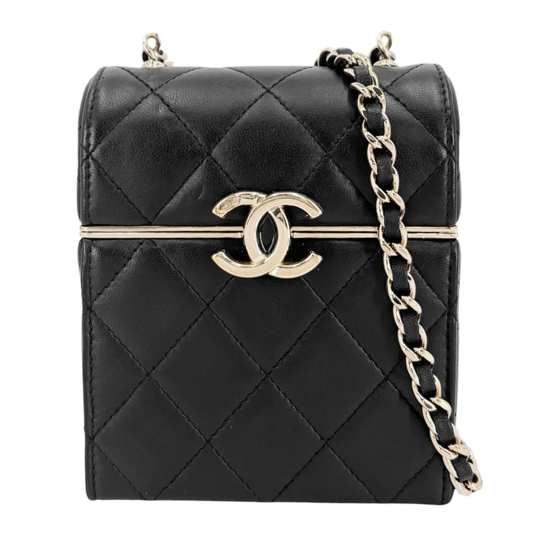 Chanel women's shoulder bag, Matelassé, Coco Mark, mini CHANEL lambskin, black, gold hardware.: --- Catalog ---Category: SizeSize (HxWxD): 12cm x 10cm x 4.5cm / 4.72'' x 3.93'' x 1.77''Category: DesignType: Shoulder bagColor: Black, WhiteGender: WomenMaterial: Leather Category: GeneralBrand: Cha