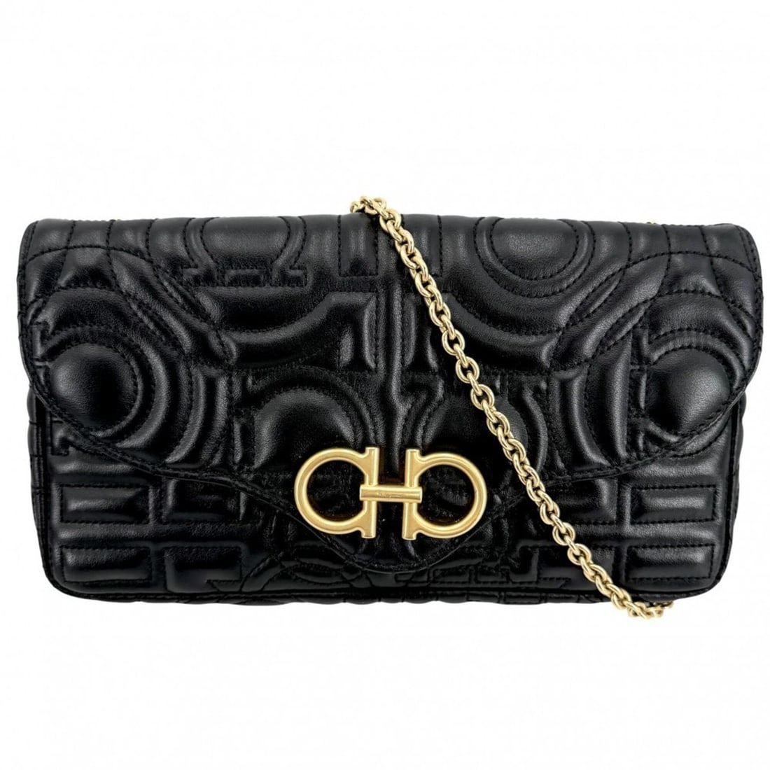 Salvatore Ferragamo women's shoulder bag, Gancini chain cross-body leather, black, gold hardware.: --- Catalog ---Category: SizeSize (HxWxD): 12cm x 22.5cm x 2.5cm / 4.72'' x 8.85'' x 0.98''Category: DesignType: Shoulder bagColor: Black, WhiteGender: WomenMaterial: Leather Category: GeneralBrand: S