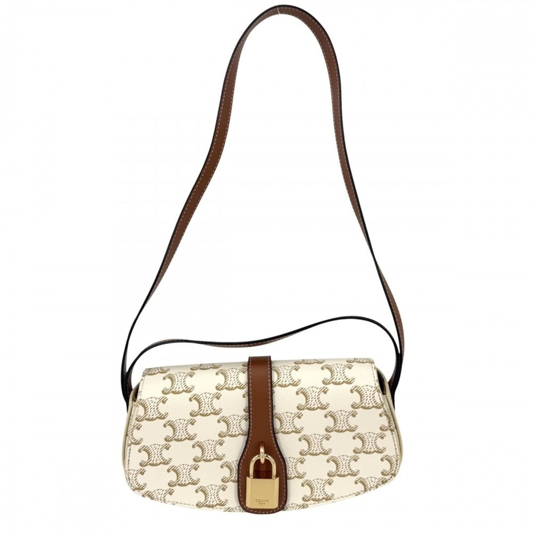 Celine Taboo Triomphe Shoulder Bag for Women, Coated Canvas Leather, White, Brown, Gold Hardware