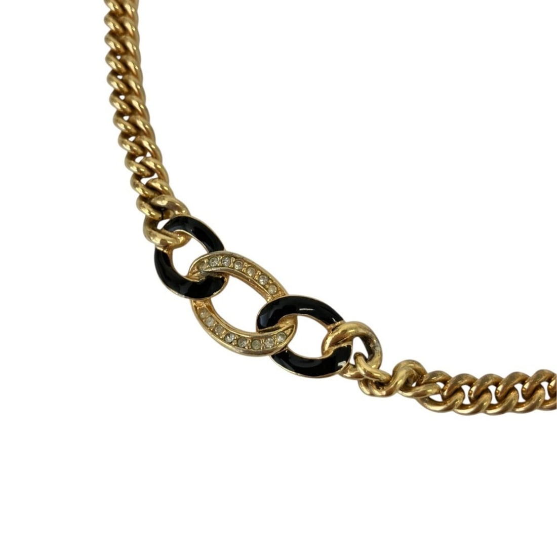 Christian Dior Vintage Rhinestone Chain Necklace, GP Gold Color, Women's: --- Catalog ---Category: SizeWeight: 29g / 1.02oz.Pendant Size: 10mm x 30mm / 0.39'' x 1.18''Neck Circumference: 41 cm / 16.14''Category: DesignColor: GoldStone: RhinestoneGender: WomenNecklace Type: 