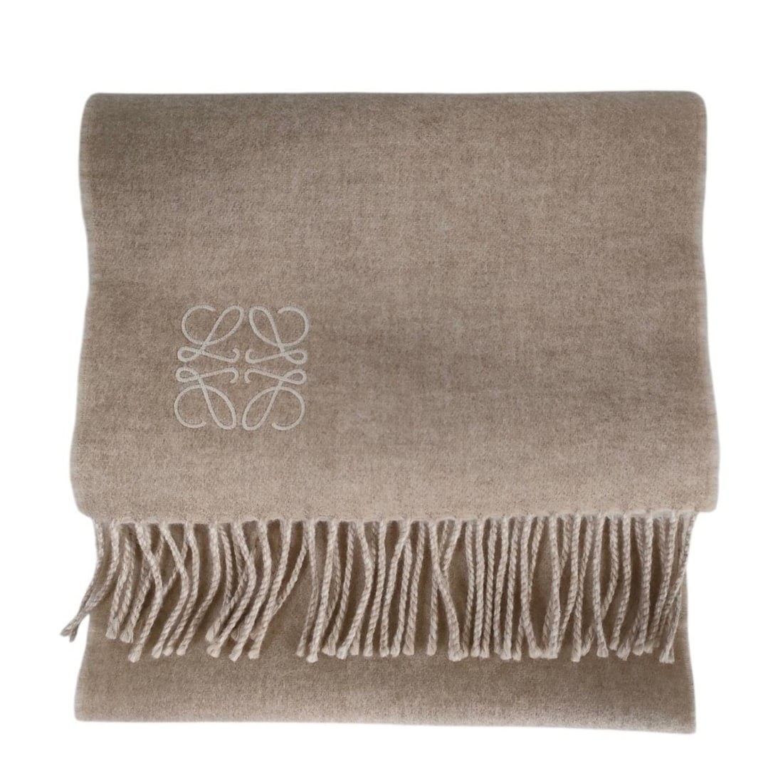 LOEWE Anagram Embroidered Wool Cashmere Reversible Fringe Scarf, Beige x Ivory, Men's & Women's (1 of 14)