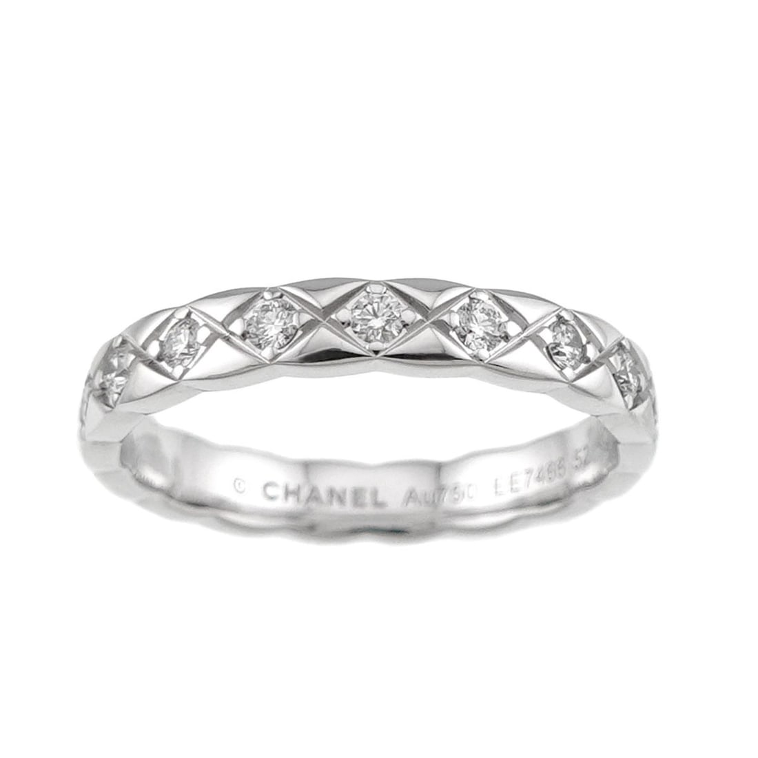Chanel Coco Crush Mini Ring #52, Full Diamond, 18K White Gold (750): --- Catalog ---Category: SizeUS Size: 6.5Brand Size: 52Category: DesignType: Band ringGender: WomenMaterial: White gold (18K)Category: GeneralBrand: Chanel--- Item List ---Section: ConditionRanking: R