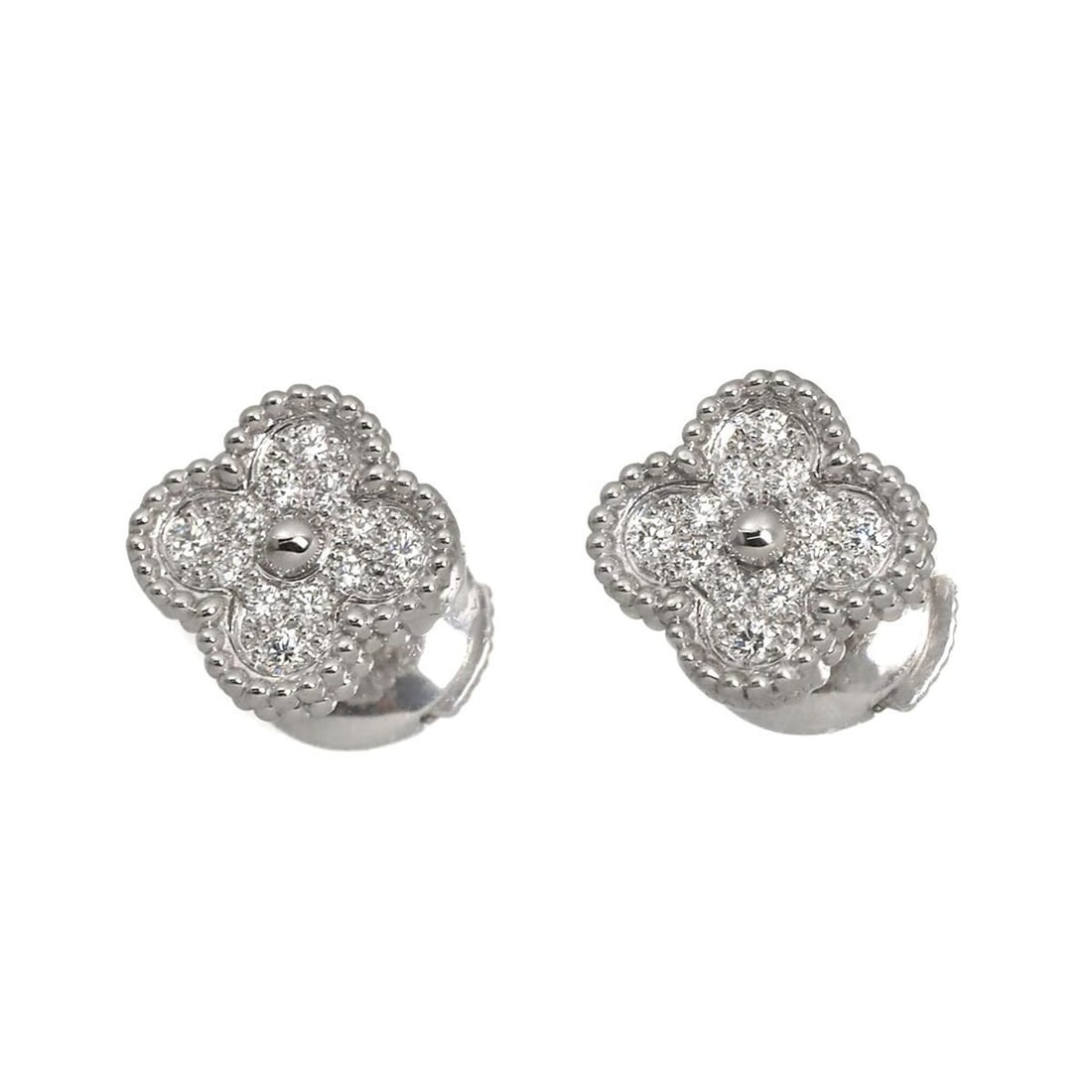Van Cleef & Arpels Sweet Alhambra Diamond Earrings, 18K White Gold (750), Pierced Earrings: --- Catalog ---Category: SizeSize (HxWxD): 9.40mm x 9.40mm / 0.37'' x 0.37''Category: DesignType: Stud earringsGender: WomenMaterial: White gold (18K)Category: GeneralBrand: Van Cleef & Arpels--- Item